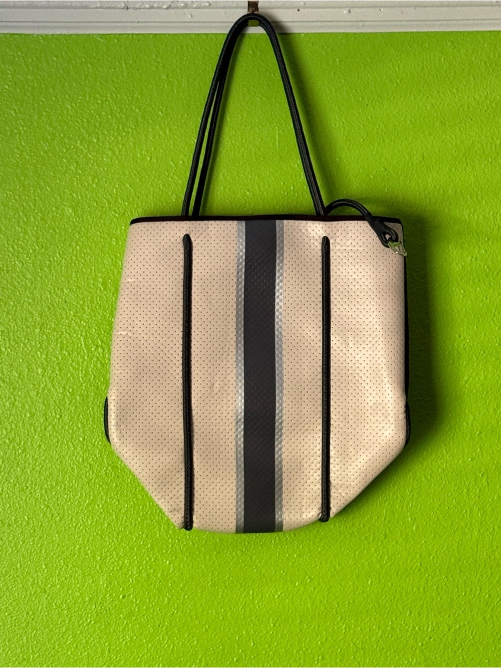 Haute Shore Neutral Beige Tote with Black and Gray Stripe